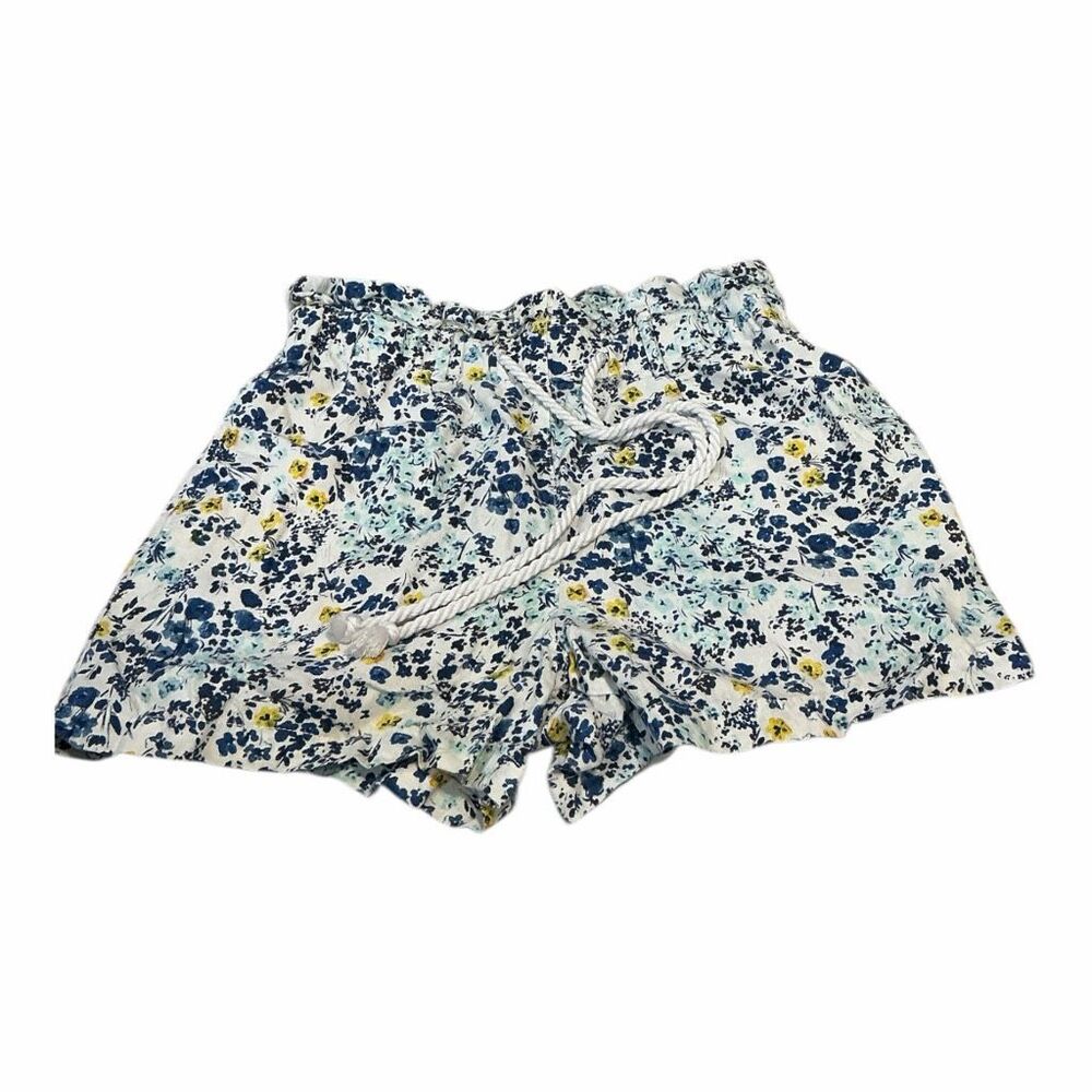 Ana Women’s Linen Shorts Pull On Floral Pockets White Blue Yellow Medium